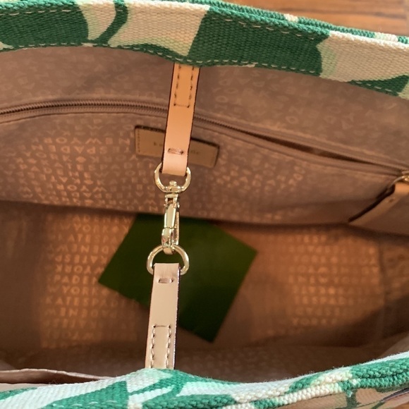 Kate Spade cream colored cloth tote with green leaf pattern. - Picture 12 of 14